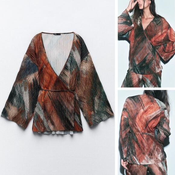 ZARA Pleated Printed Wrap Style Kimono Sz Small - Picture 1 of 11